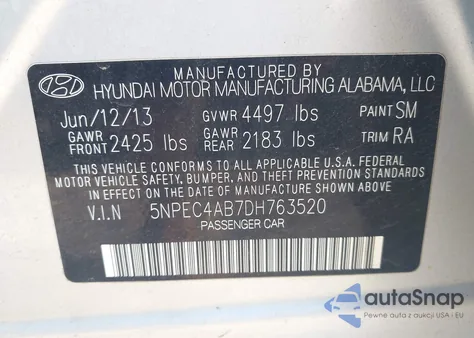 2013 Hyundai Sonata Se 2.0T из США, поврежденный, VIN 5NPEC4AB7DH763520